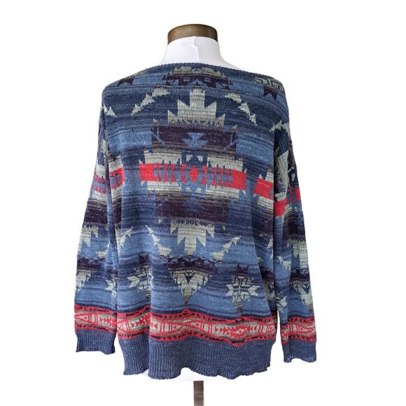 RALPH LAUREN Denim & Supply Southwest Aztec Cotton Sweater Medium Blue - Picture 4 of 8
